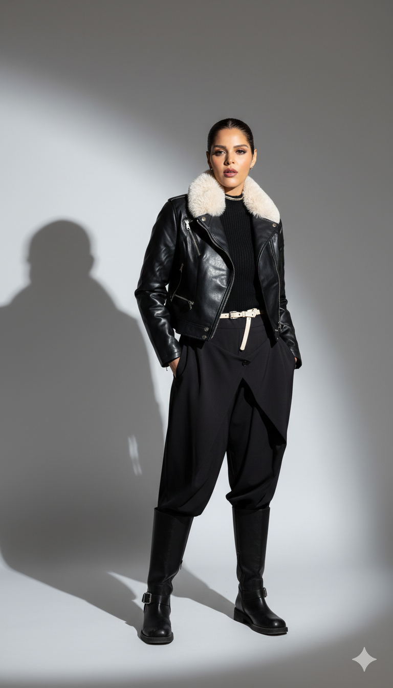 Faux-Leather Biker Jacket with Shearling Collar – Onyx Black