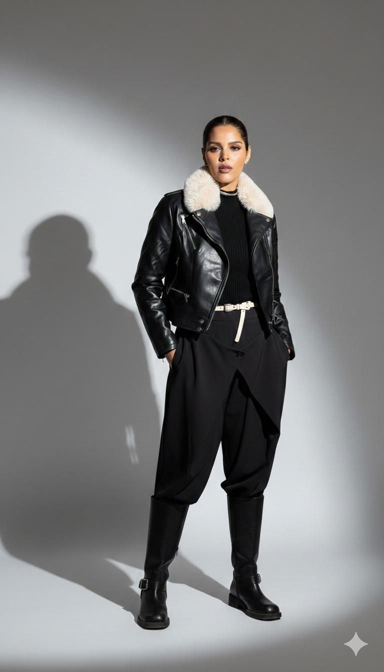 Faux-Leather Biker Jacket with Shearling Collar – Onyx Black