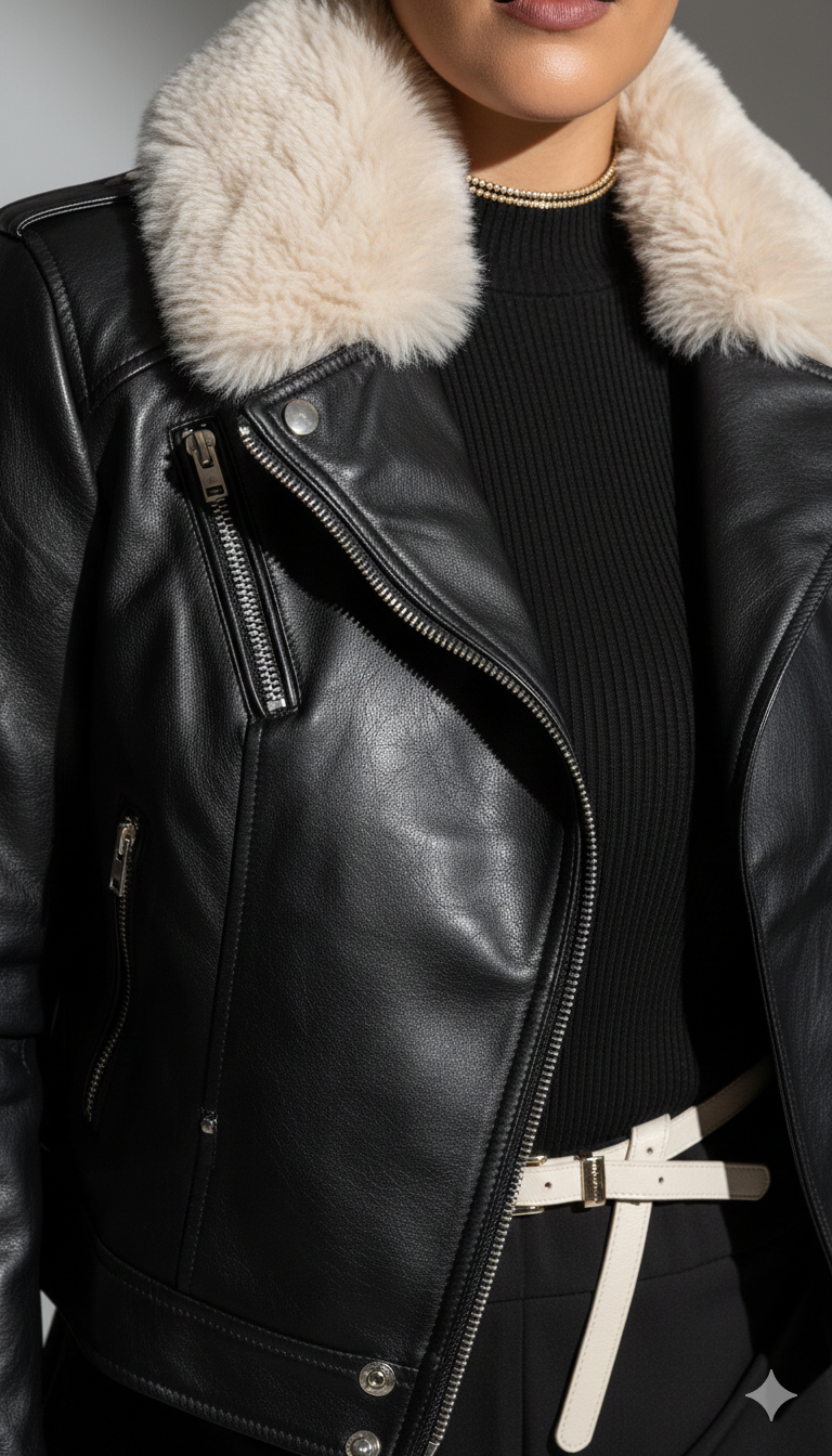 Faux-Leather Biker Jacket with Shearling Collar – Onyx Black