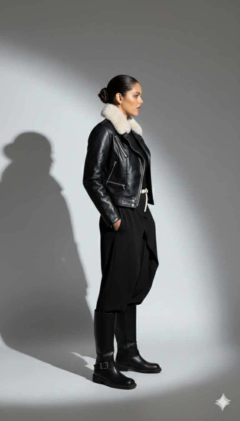 Faux-Leather Biker Jacket with Shearling Collar – Onyx Black